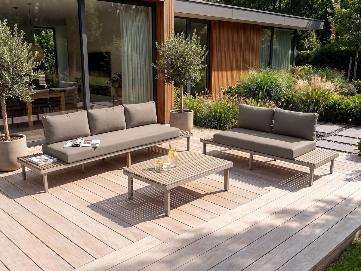 LOUNGE-SET mit Tisch 5-Sitzer Akazienholz Beige Fivizzano - Hellbraun/Beige, Holz - Beliani
