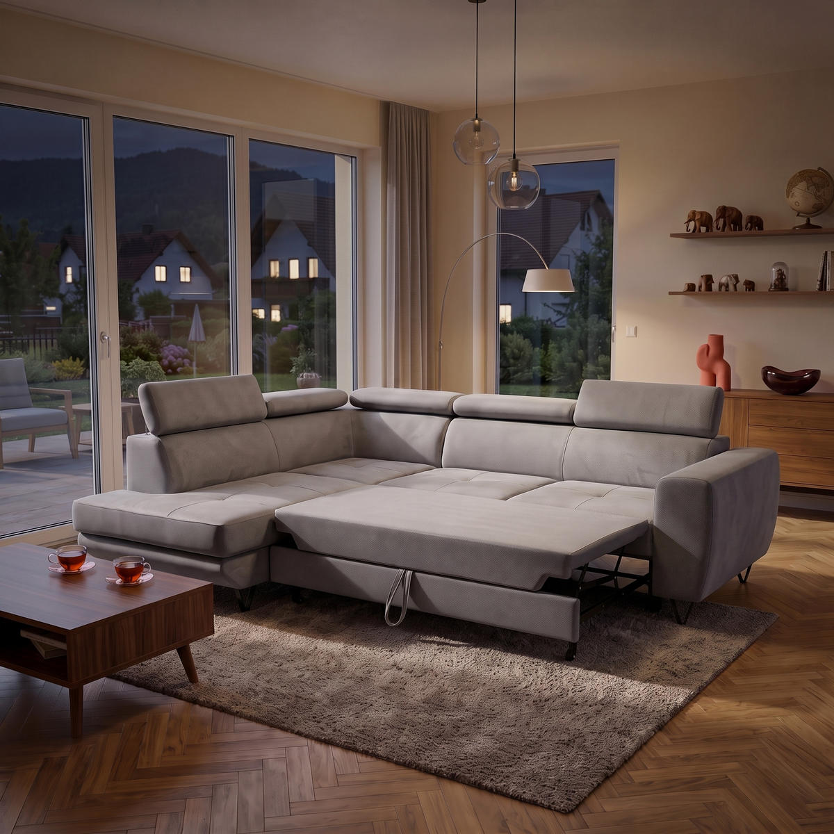 ECKSOFA JUNIOR L Links mit Schlaffunktion 194x128 Velours Hellgrau - Hellgrau/Schwarz, Holz/Textil (249/184cm) - Muffo