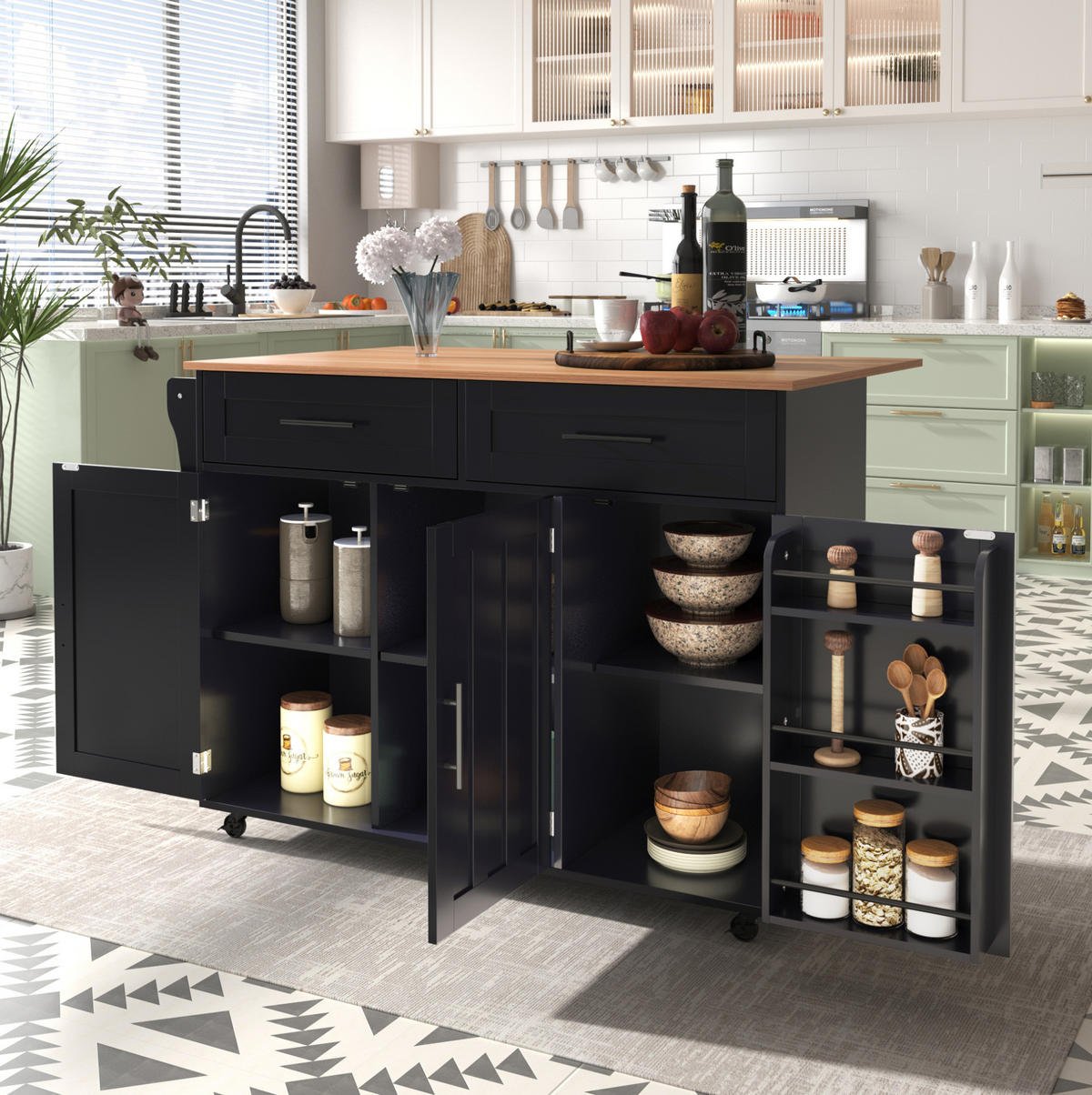 SERVIERWAGEN mit klappbarer Platte 129x71x91,5 cm MDF Black/Natural - Schwarz, Holz (46/91.5/120cm) - Beauniv