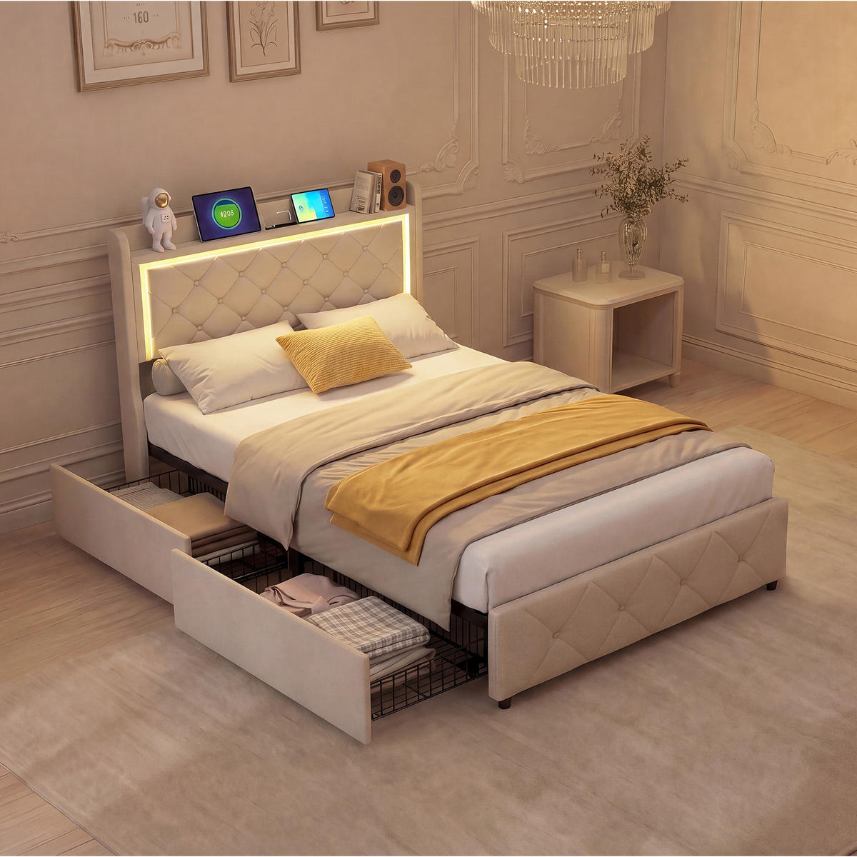 POLSTERBETT,EINZELBETT 90x200 mit Schubladen und LED&USB,Grau - Beige, Holz/Metall (90/200cm) - PARAFTA HOME