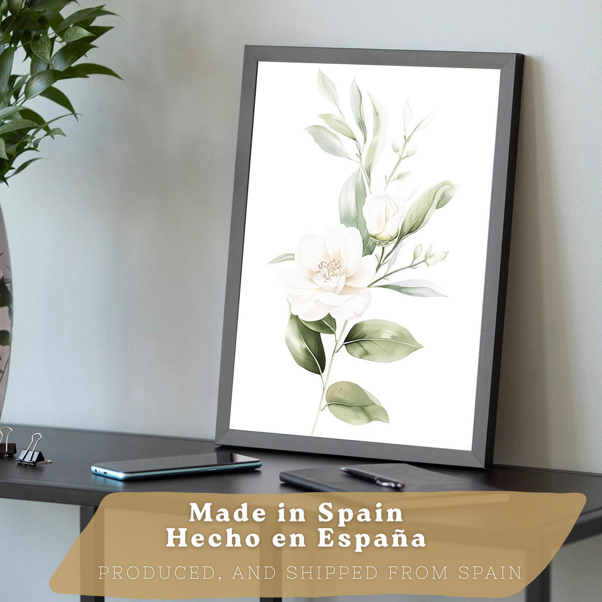 PLAKAT Sada 3 botanických tisků Zelenobílé květy. Akvarelové plakáty rostlin v jemných zelených tónech Obrázky. Černý rám velikosti A3 - černá, papír (29.7/42/3cm) - Nacnic