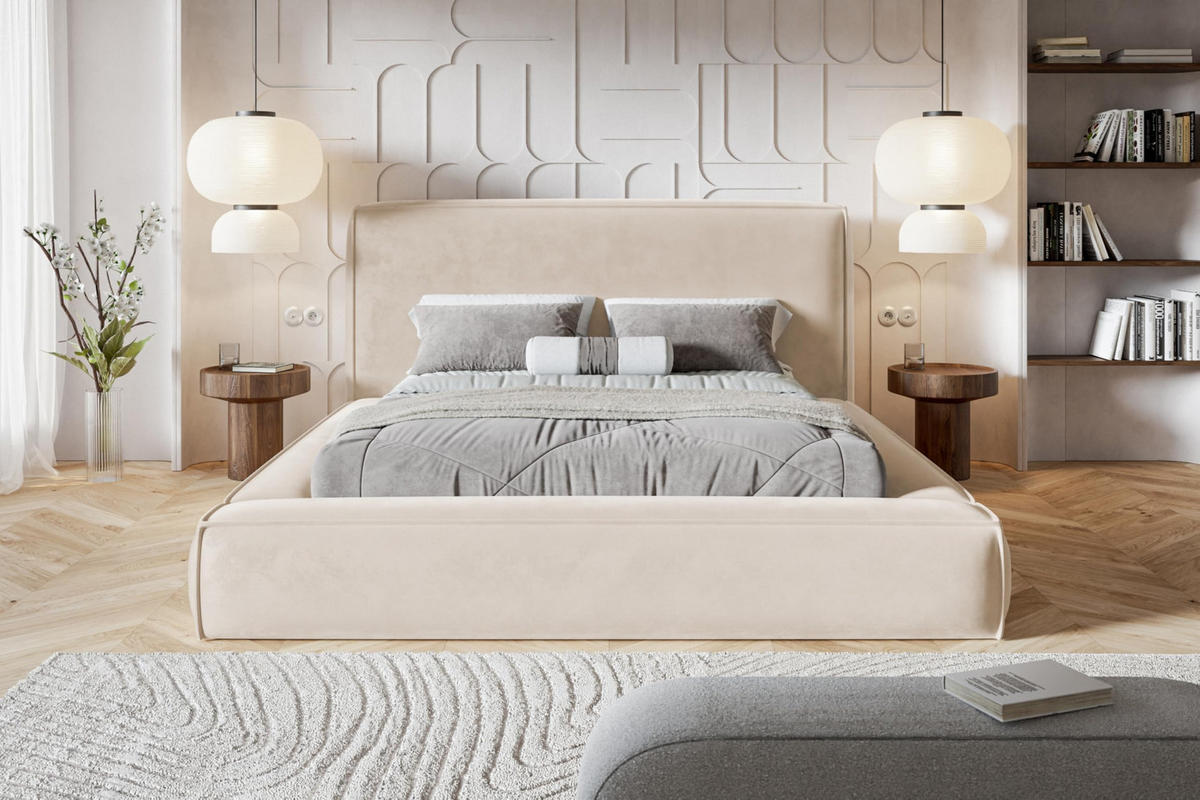 BETT 180x200 - Polsterbett mit Bettkasten und Holzrahmen - Modern Bett - Eleganter Amor-Velvet-Stoff - Kollektion Luna Maxi - Beige - Beige, Holz/Textil (180/200cm) - Alpi-Möbel