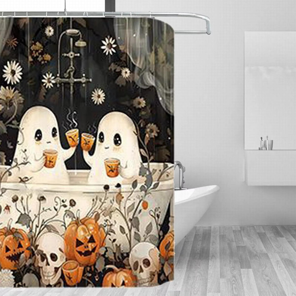 DUSCHVORHANG Halloween niedlich 180 x 220 cm Polyester wasserdicht maschinenwaschbar mit Haken - Schwarz, Textil (180/220cm) - MCBOSON