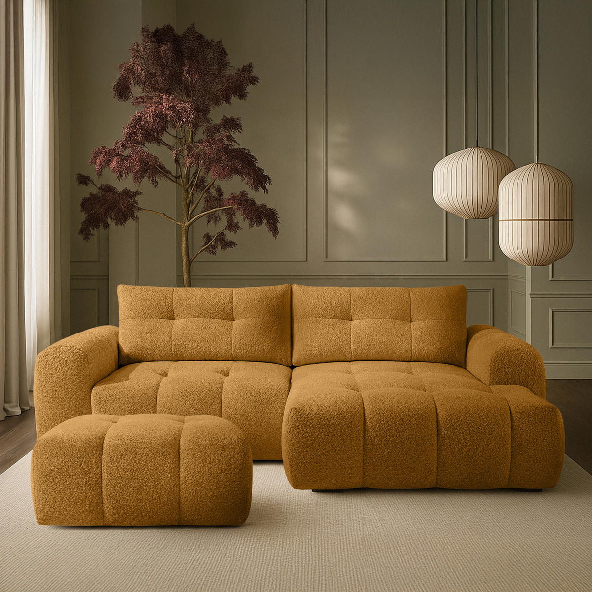 POUF RAVIA, Bouclé, Honigfarbe - Honig, Holz/Textil (96/45/50cm) - KONSIMO®