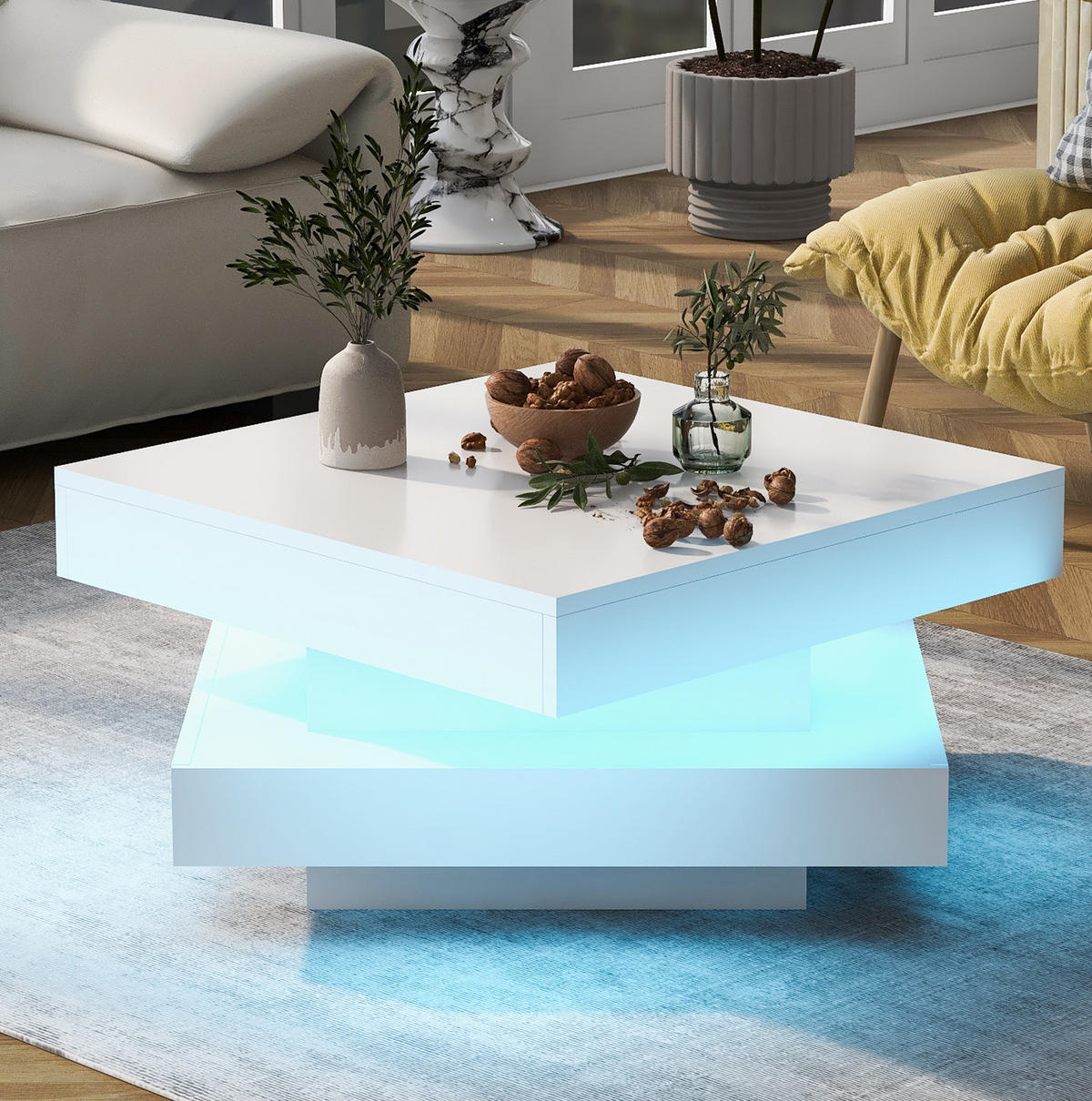 KONFERENČNÍ stolek 70/70/36 cm bílý z dřevotřísky s otočnou deskou a LED osvětlením - bílá, kompozitní dřevo (70/70/36cm) - OKWISH