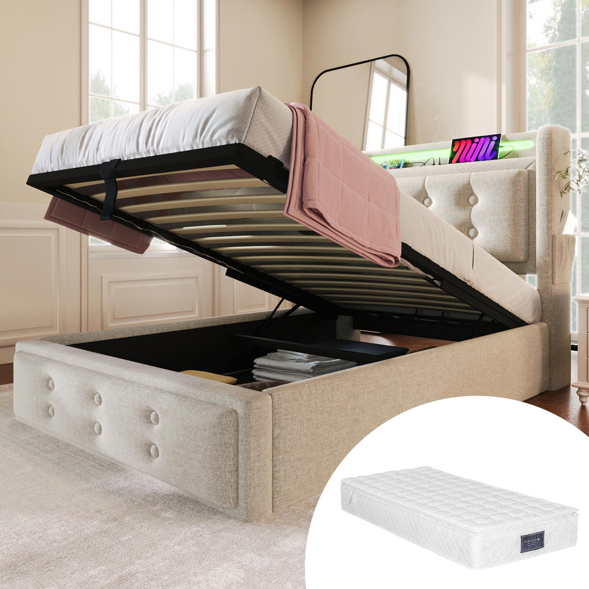 POLSTERBETT 90/200 cm mit LED-Beleuchtung, Steckdose, USB-C und Bettkasten,und Matratze, Beige - Beige, Textil (90/200cm) - Redom