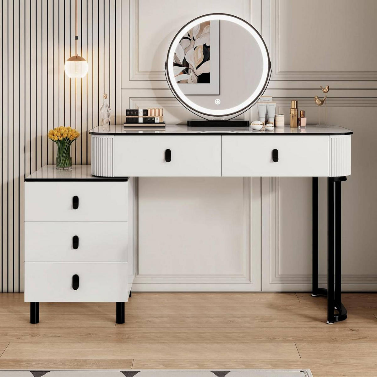 SCHMINKTISCH mit LED, Spiegel, 5 Schubladen, Seitenschrank, Weiß - Schwarz/Weiß, Holzwerkstoff/Metall (100/126/40cm) - Woltu