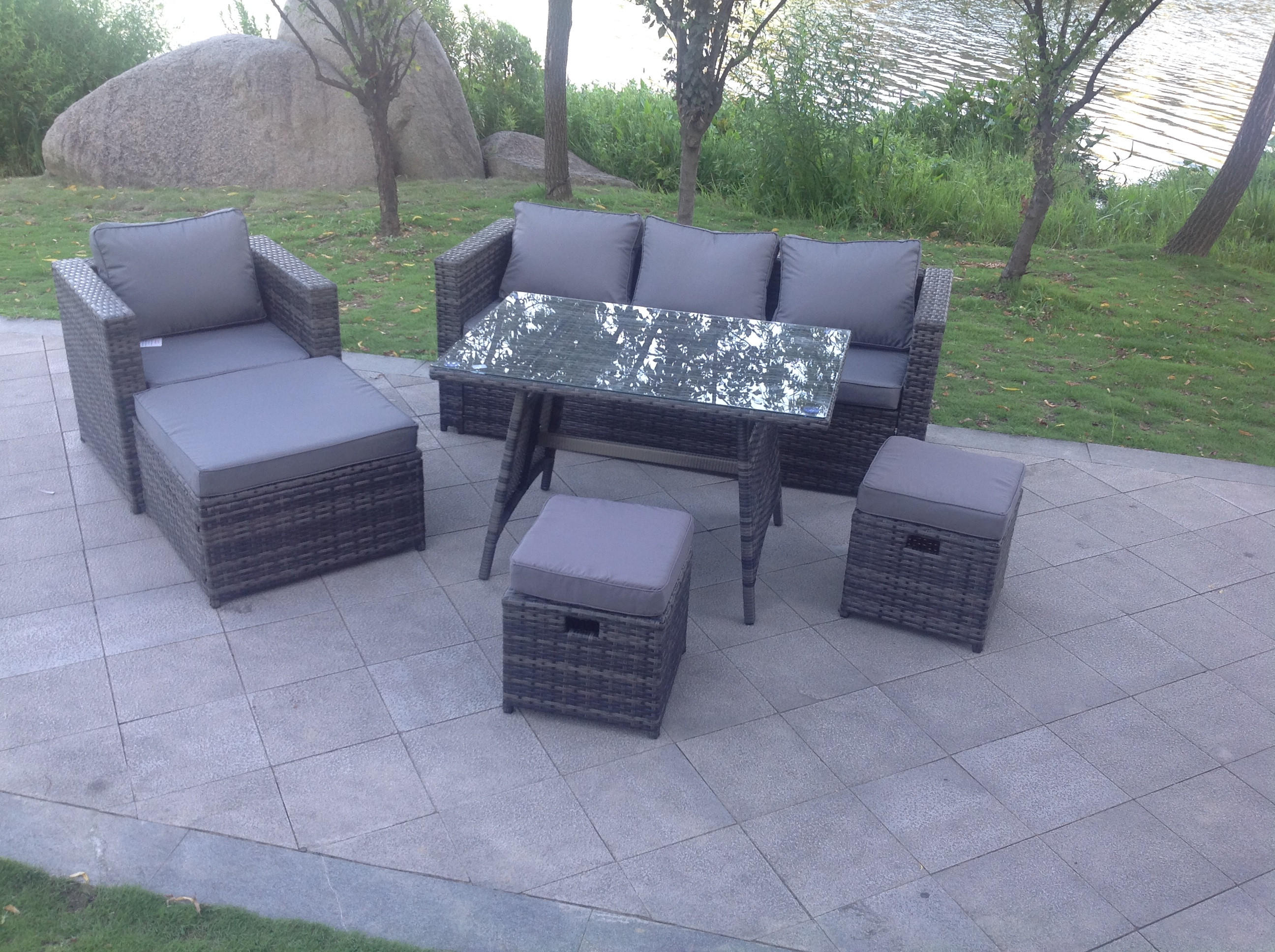 GARTENMÖBEL SET Polyrattan 7-Sitzer - Dunkelgrau/Grau, Glas/Kunststoff - Fimous
