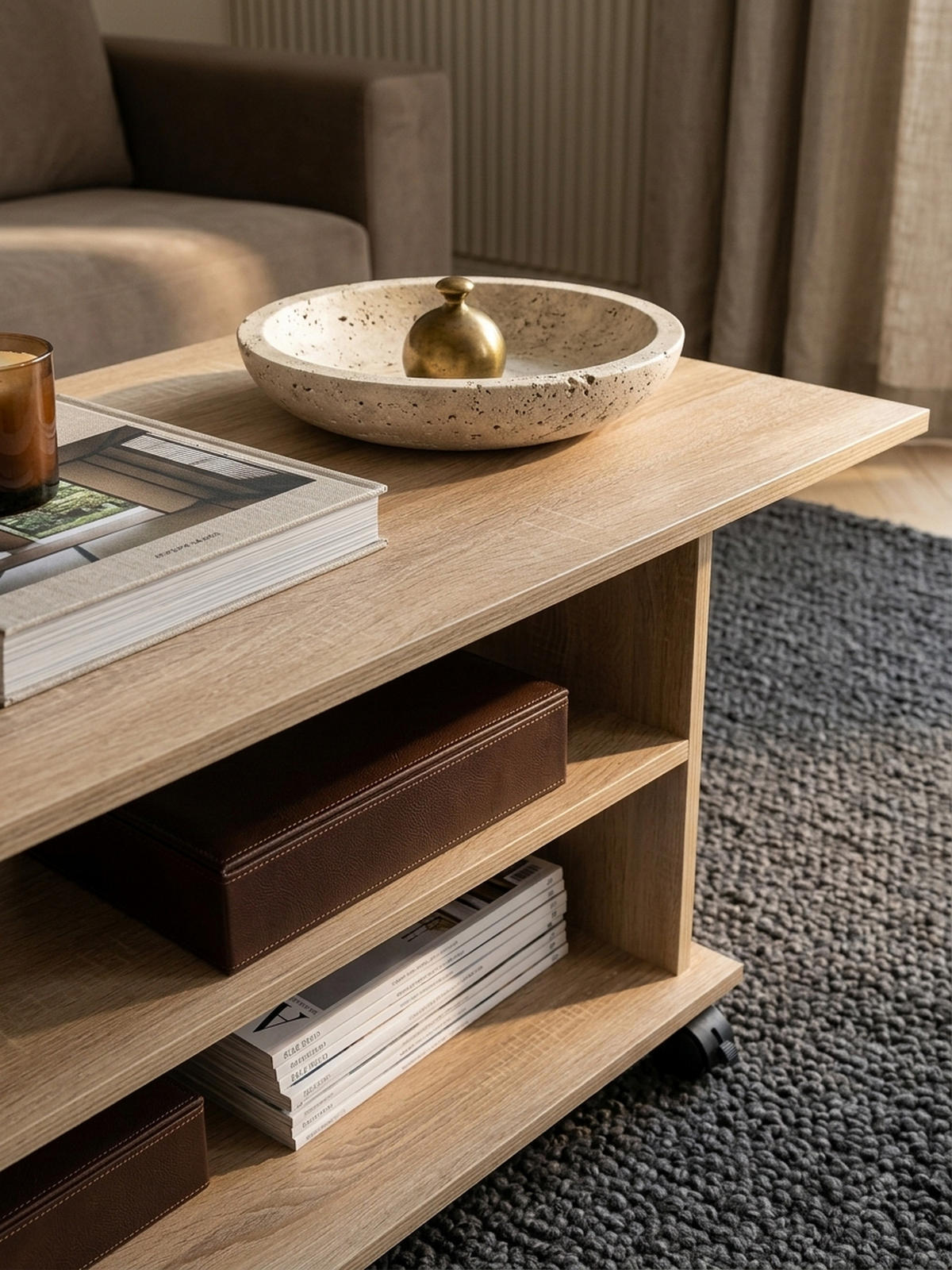 COUCHTISCH mit zwei Ablageflächen, Rollen und Melaminharzbeschichtung, Beige 95x54x51 cm - Beige/Schwarz, Holz (54/95/51cm) - KADIMA DESIGN