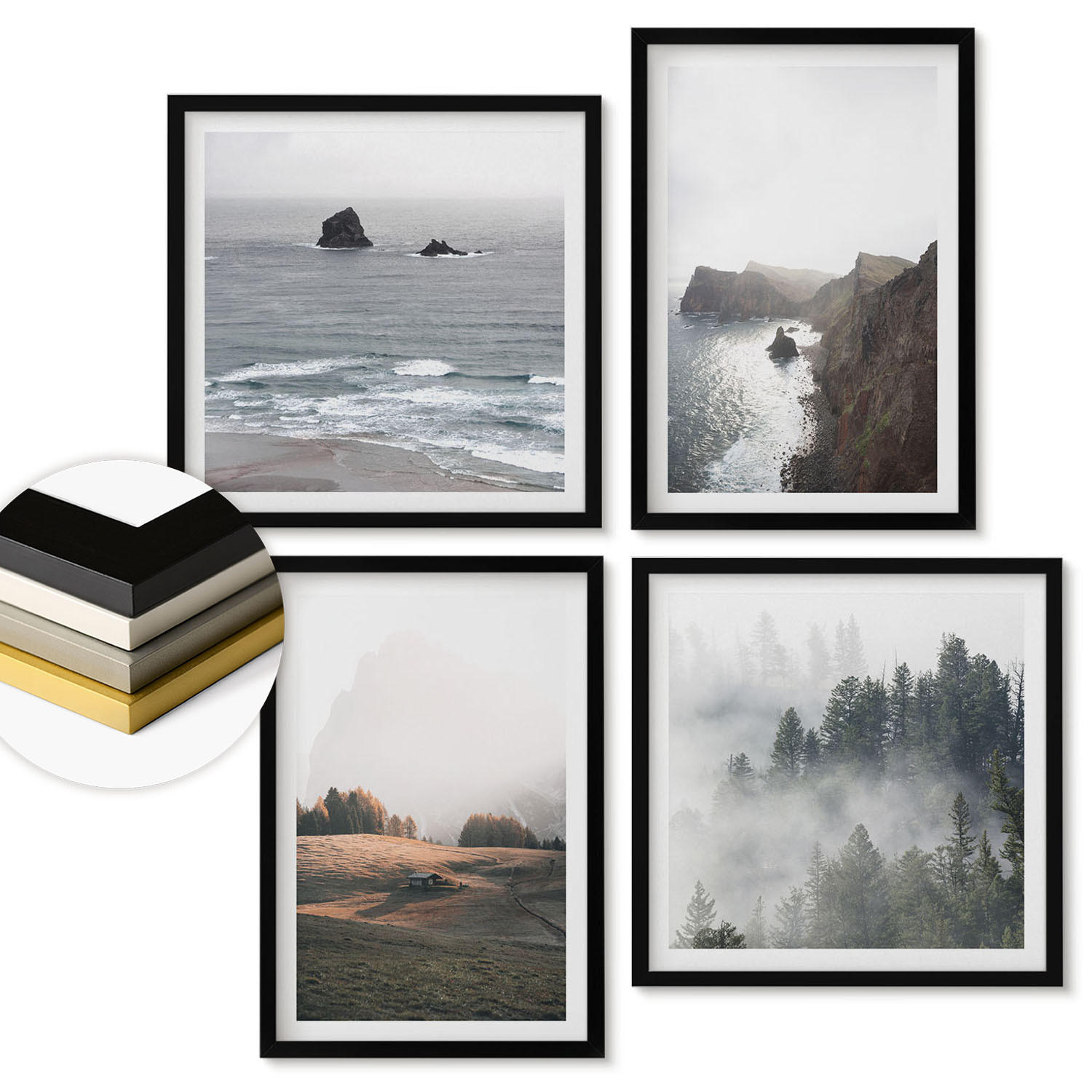 WANDBILDER 4er-Set - 50x50 cm & 40x60 cm Schwarzer Rahmen - Landschaften aus Bergen und Meer - Schwarz, Kunststoff (50/50cm) - ArtPrintCave