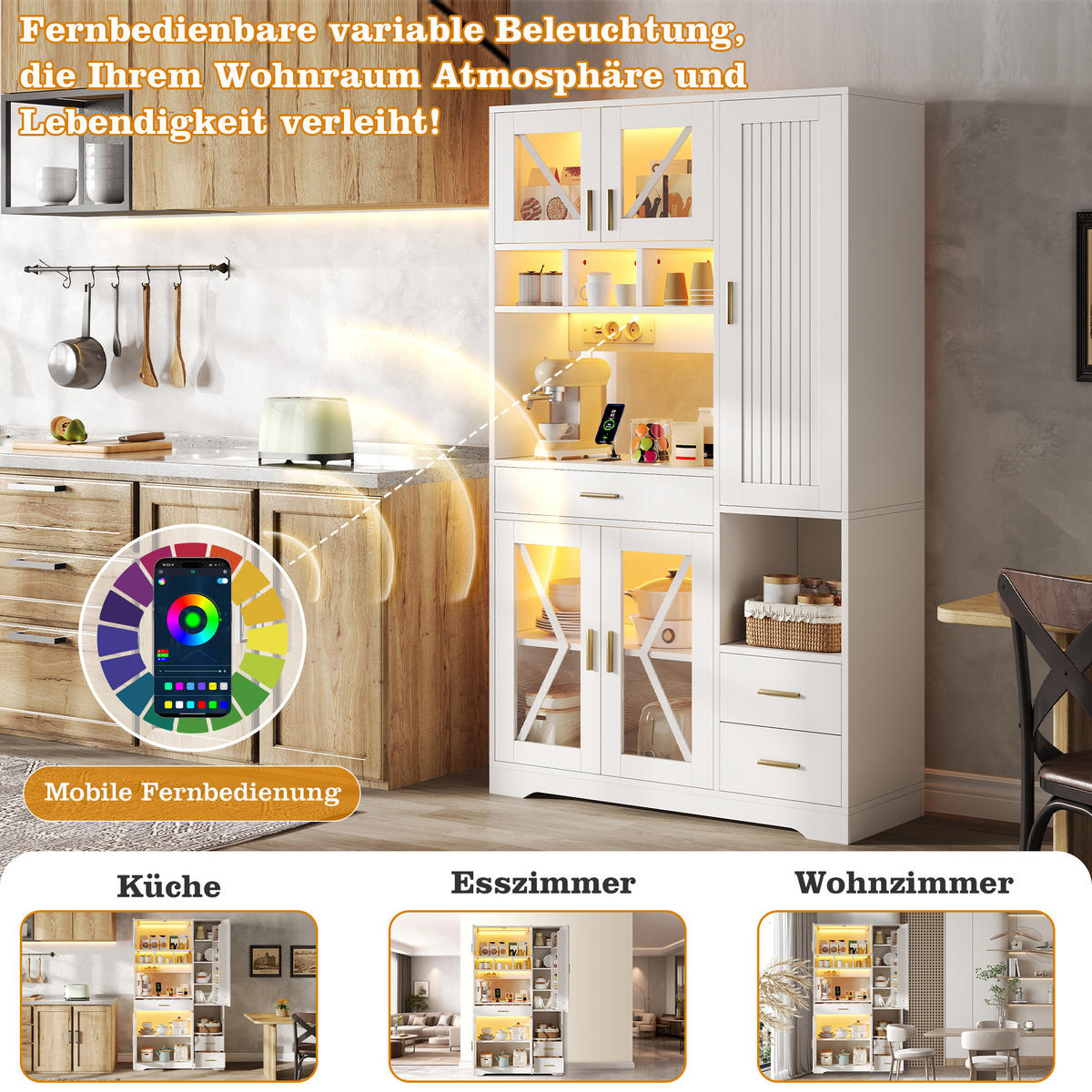 BUFFET 105/39/185 cm Weiß mit farbwechselnder LED-Beleuchtung und 2 Schublade - Weiß, Holz (105/185/40cm) - Oxeza