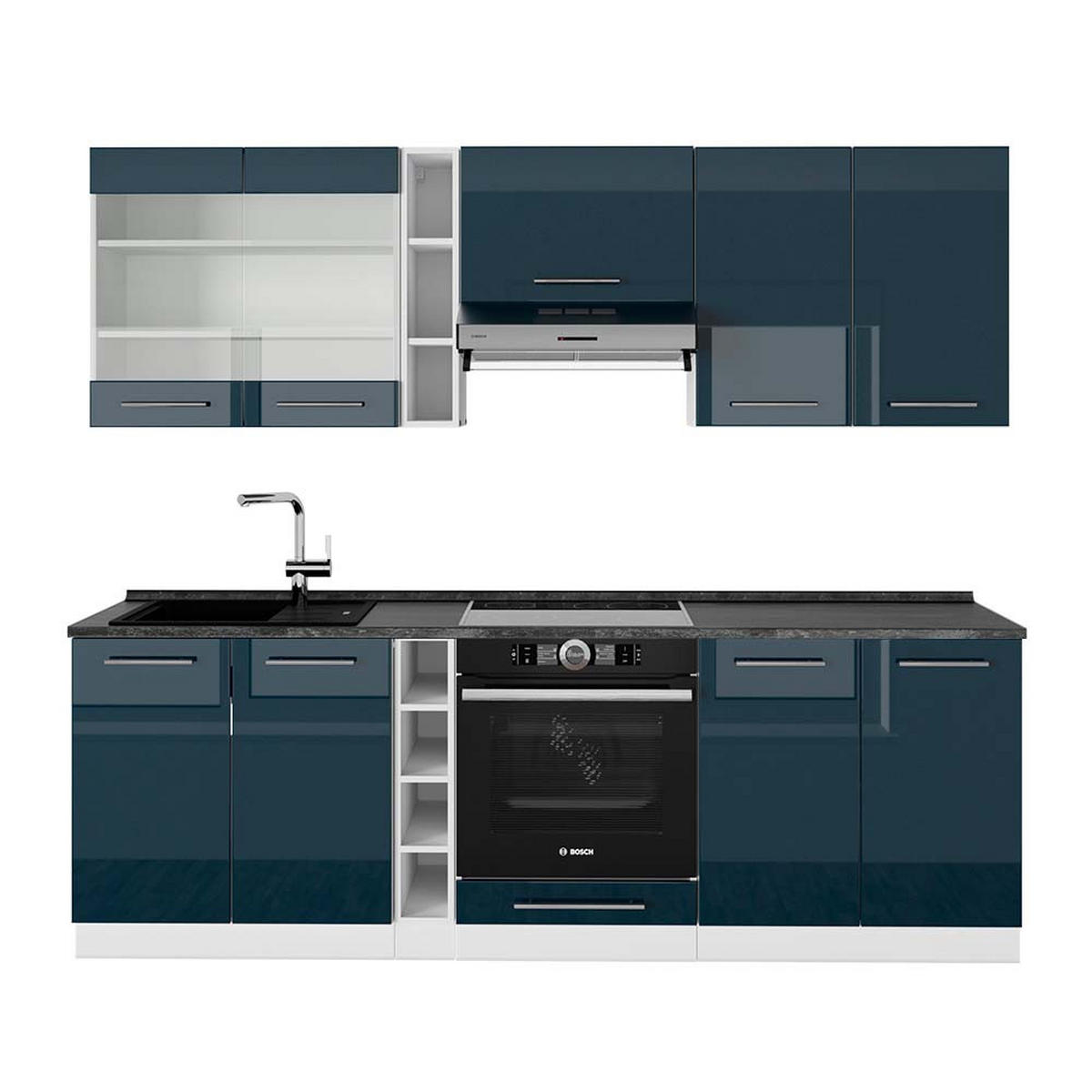 KÜCHENZEILE Fame-Line Dunkelblau Hochglanz/Weiß 235 cm, AP Anthrazit - Dunkelblau/Weiß, Holzwerkstoff (235/81.6/60cm) - Vicco