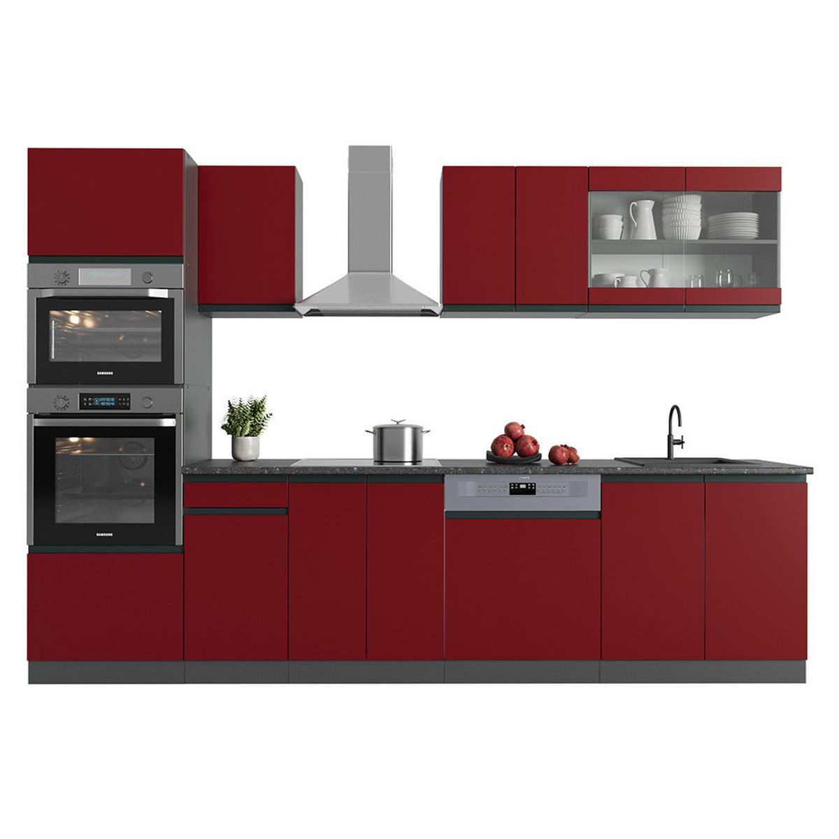 KÜCHENZEILE R-Line Rot/Anthrazit 300 cm mit Hochschrank, AP Eiche - Anthrazit/Rot, Holzwerkstoff (300/81.6/60cm) - Vicco