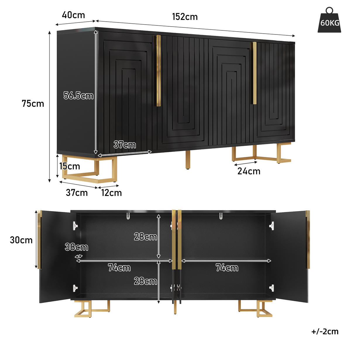 SIDEBOARD 152/40/75 cm aus MDF mit geometrischer Front und goldfarbenen Metallfüßen Schwarz - Schwarz, Holzwerkstoff (152/75/40cm) - Modenvie