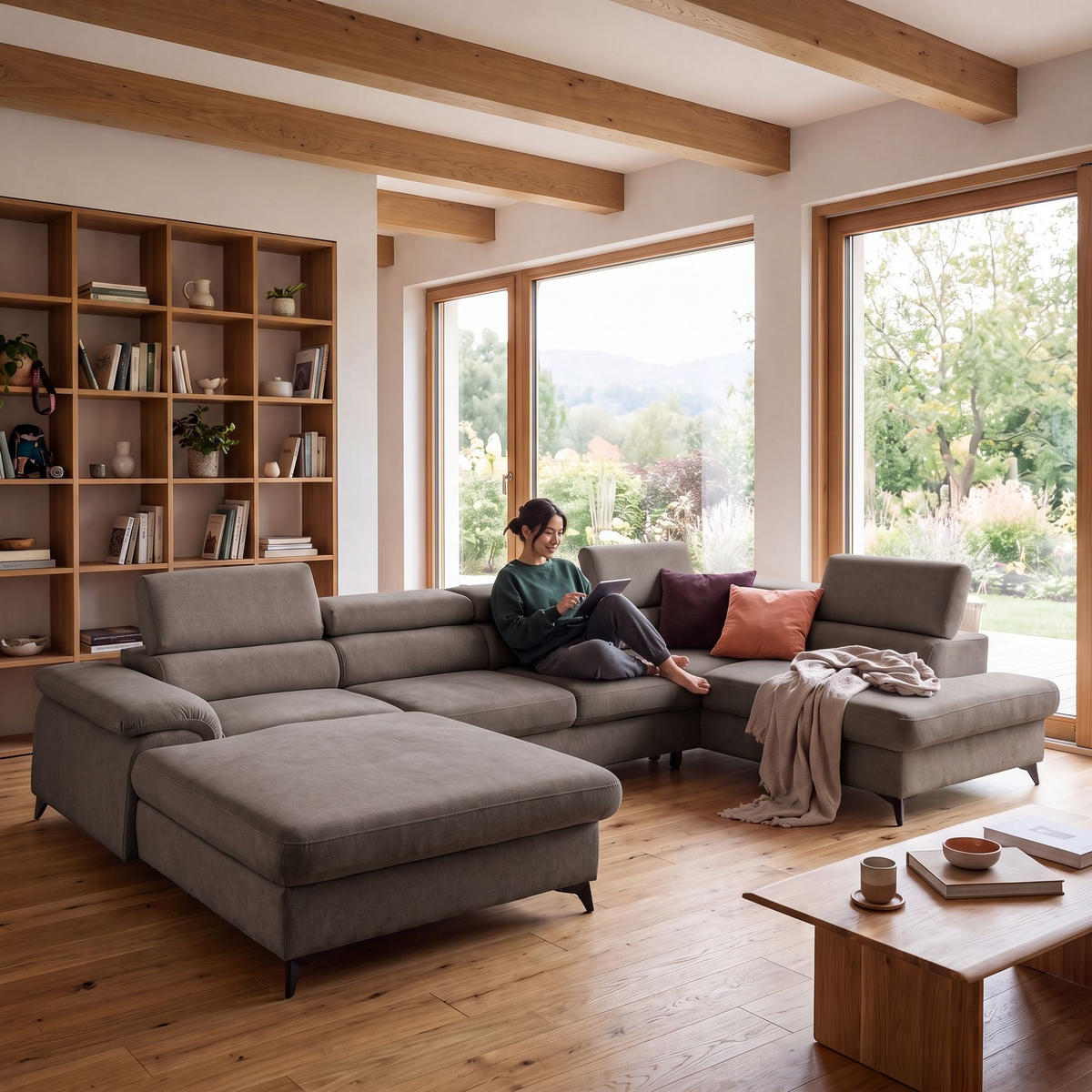 ECKSOFA U-Form PLAZA U Rechts mit Schlaffunktion 125x256 Velours Dunkelgrau - Dunkelgrau/Schwarz, Holz/Kunststoff (210/95/350cm) - Muffo