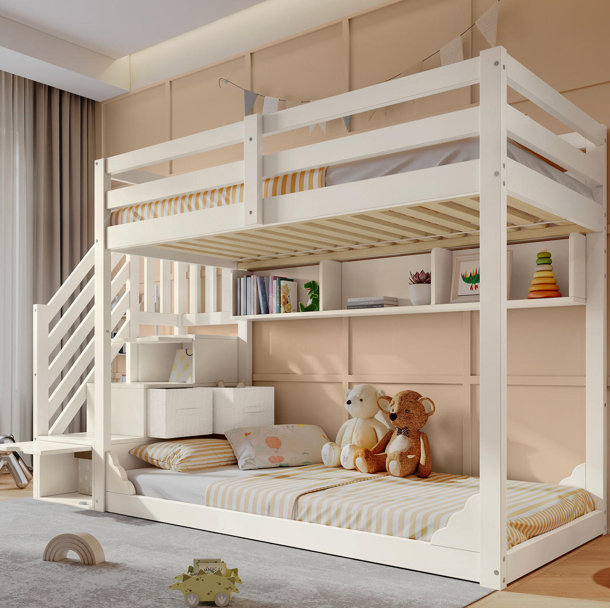 ETAGENBETT aus Kiefernholz 90x200 cm Weiß mit Treppenschrank, Stauraum und Sicherheitsgeländer - Weiß, Holz (90/200cm) - IVMEU