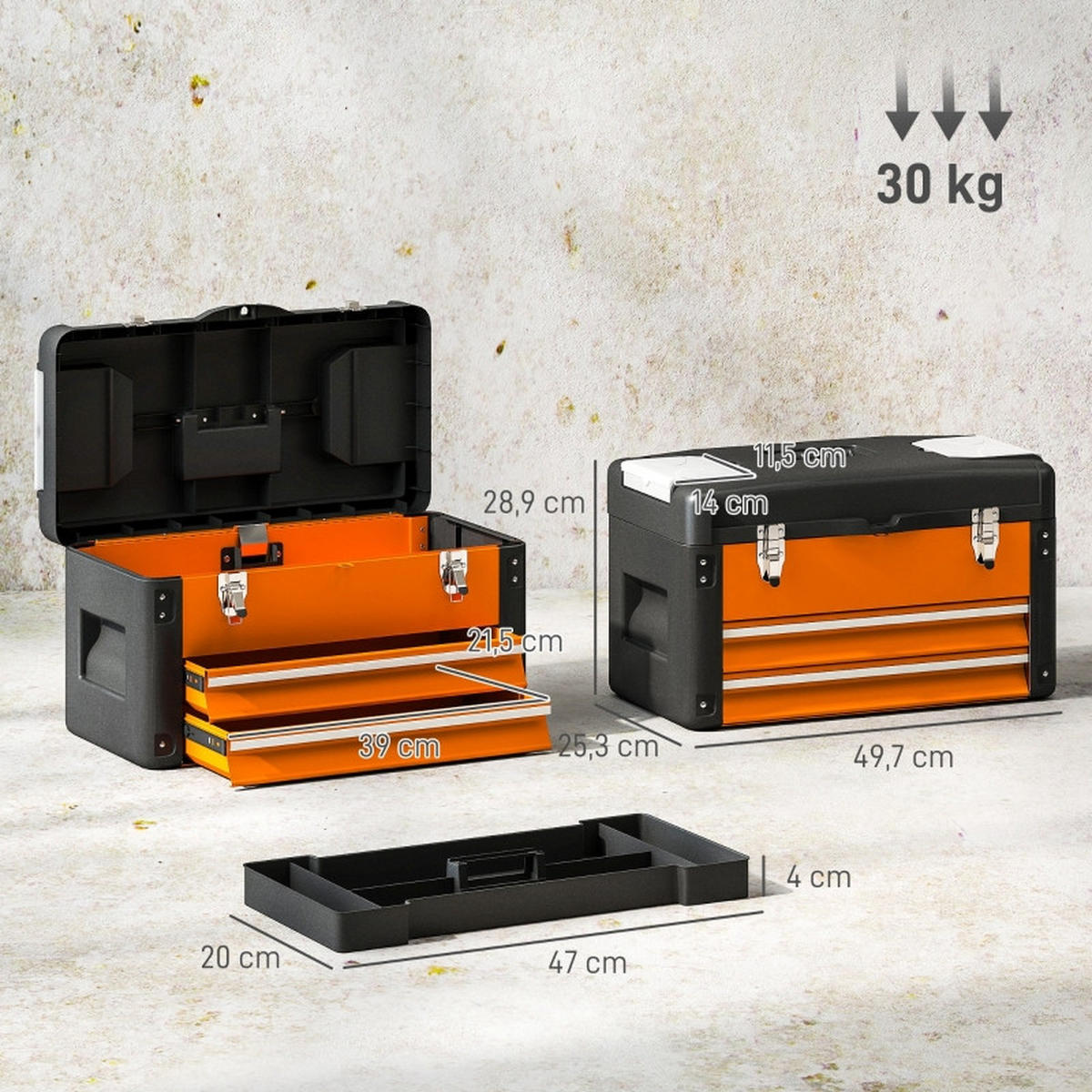 WERKZEUGKOFFER mit 2 Schubladen, Mini-Boxen und Top-Fach, 49,7x25,3x28,9 cm - Orange, Kunststoff (25.3/28.9/49.7cm) - Novahome