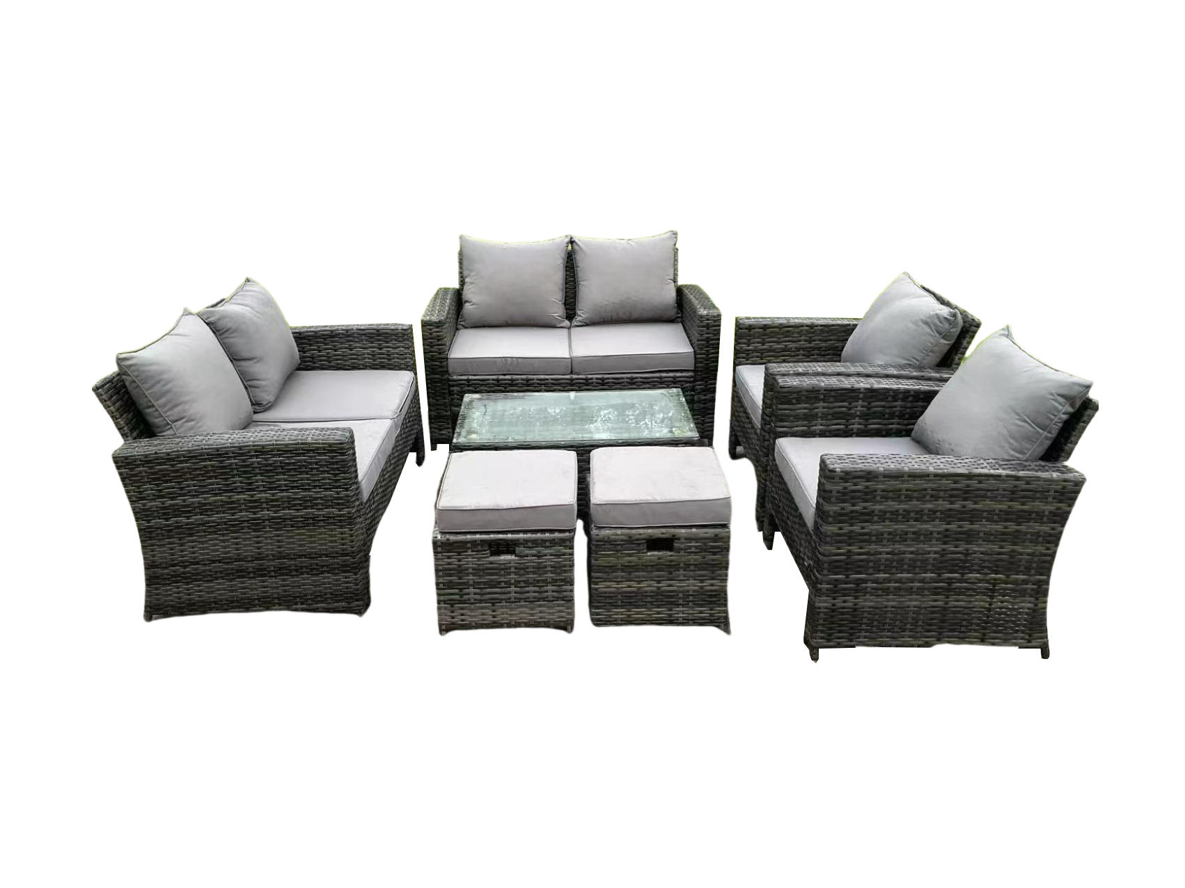 GARTENMÖBELSET mit 2 kleinen Hockern Polyrattan Dunkelgrau 8-Sitzer - Dunkelgrau, Metall - Fimous