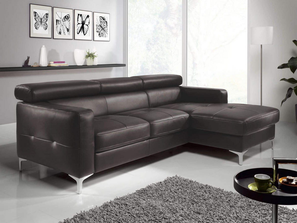 ECKSCHLAFSOFA mit Echtlederbezug, Schlaffunktion & Bettkasten - Chromfarben/Dunkelbraun, Leder/Holz (168/227cm) - Cotta