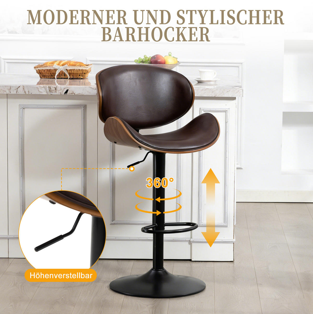 BARHOCKER höhenverstellbar und 360° drehbar Braun - Braun, Kunststoff (50/93/51cm) - MIVRAY