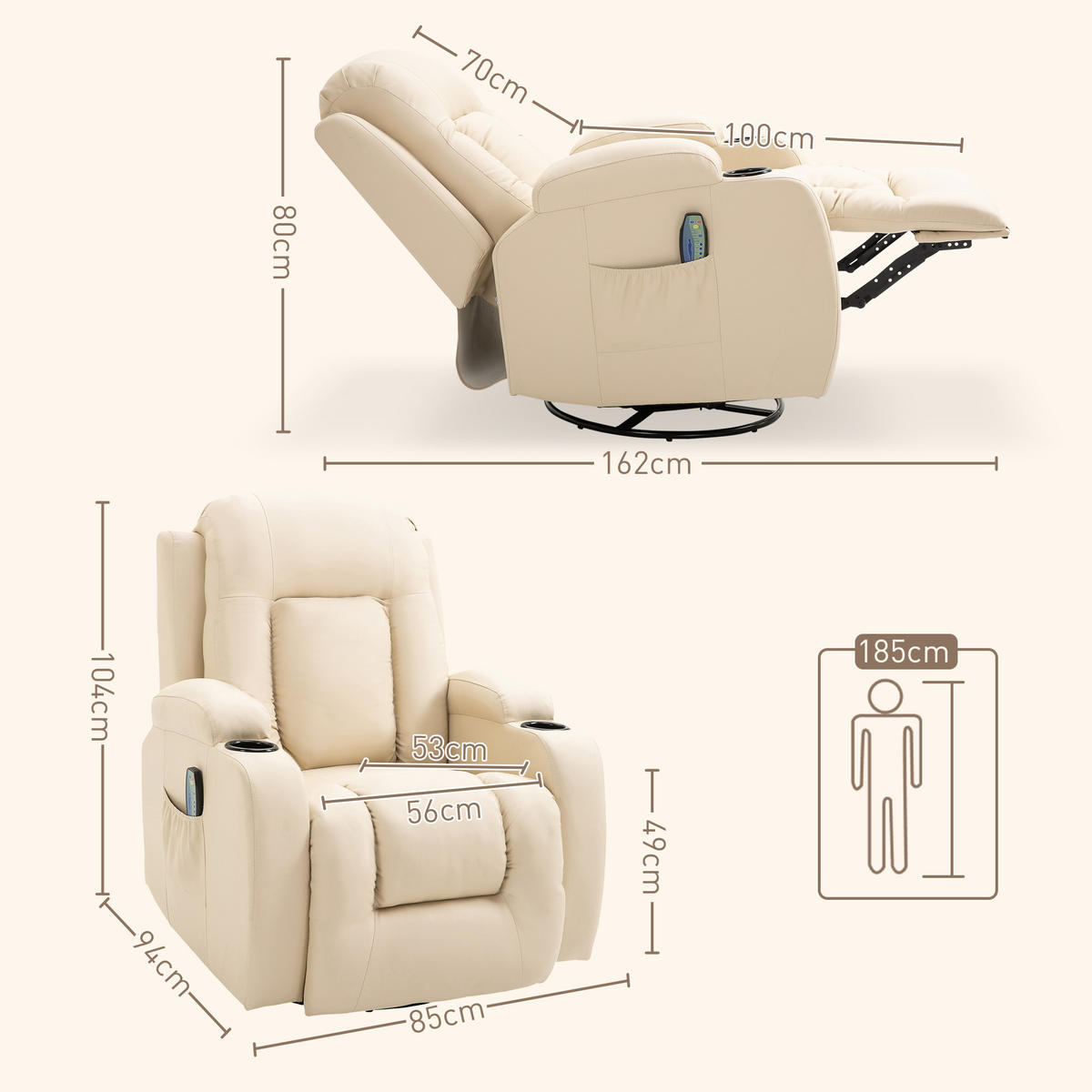 MASSAGESESSEL Kunstleder Cremeweiß - Weiß, Kunststoff/Metall (94/104/85cm) - HOMCOM