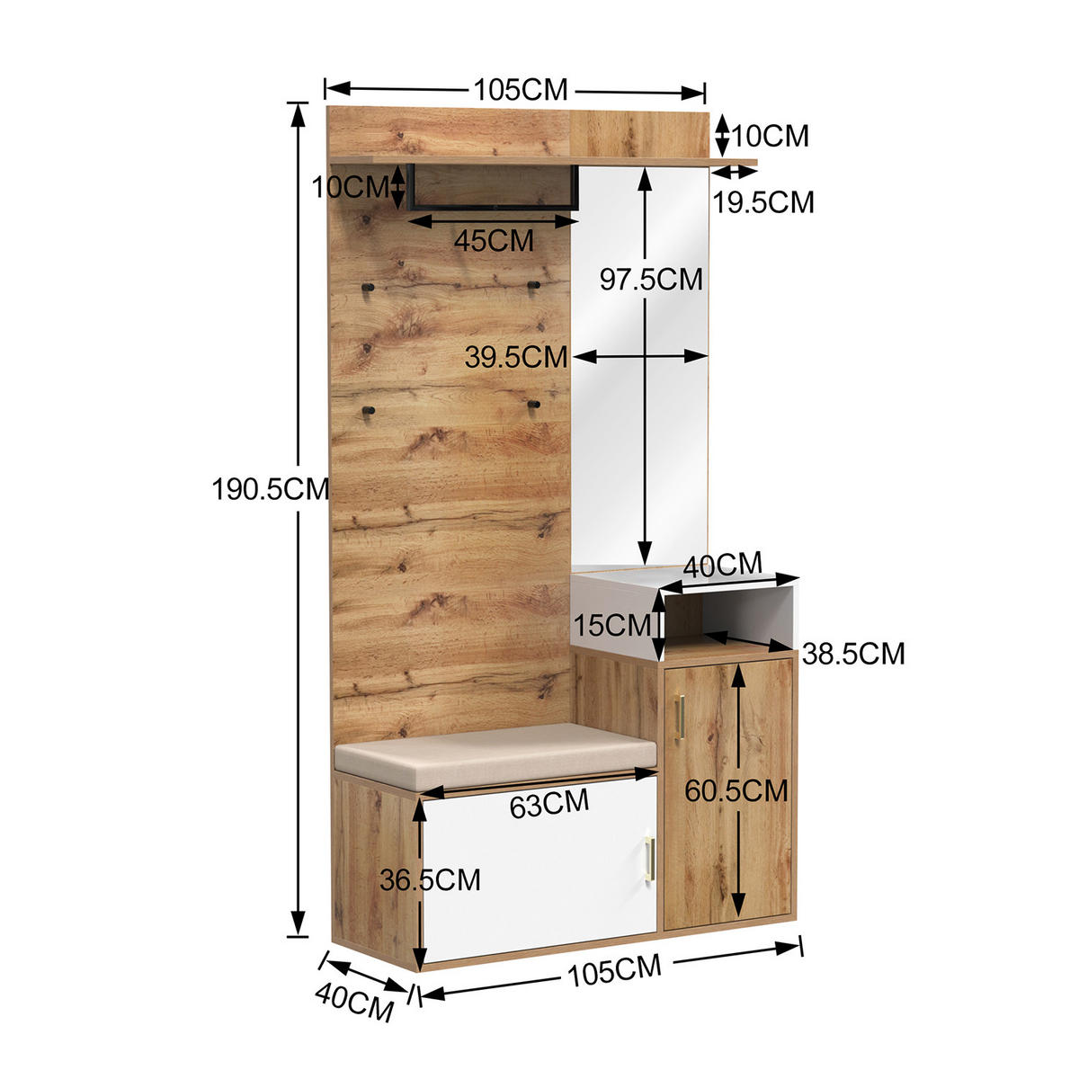 GARDEROBEN-SET mit 4 Kleiderhaken, Spiegel, Schuhschrank, Flurbank - Multicolor, Holz (40/190.5/105cm) - Meubles Cosy