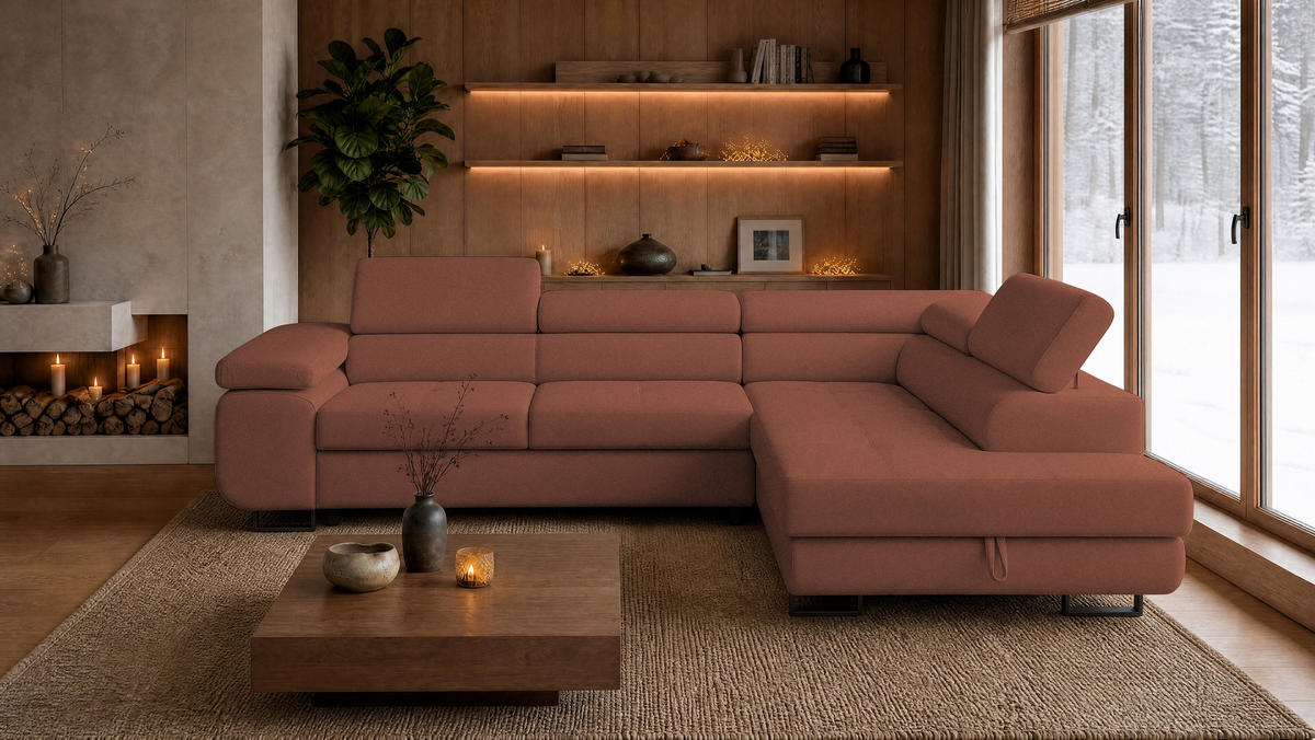 ECKSOFA Velmo mit Bettkasten und Schlaffunktion, verstellbaren Kopfstützen, in L-Form - Hellrosa, Textil (275/203cm)