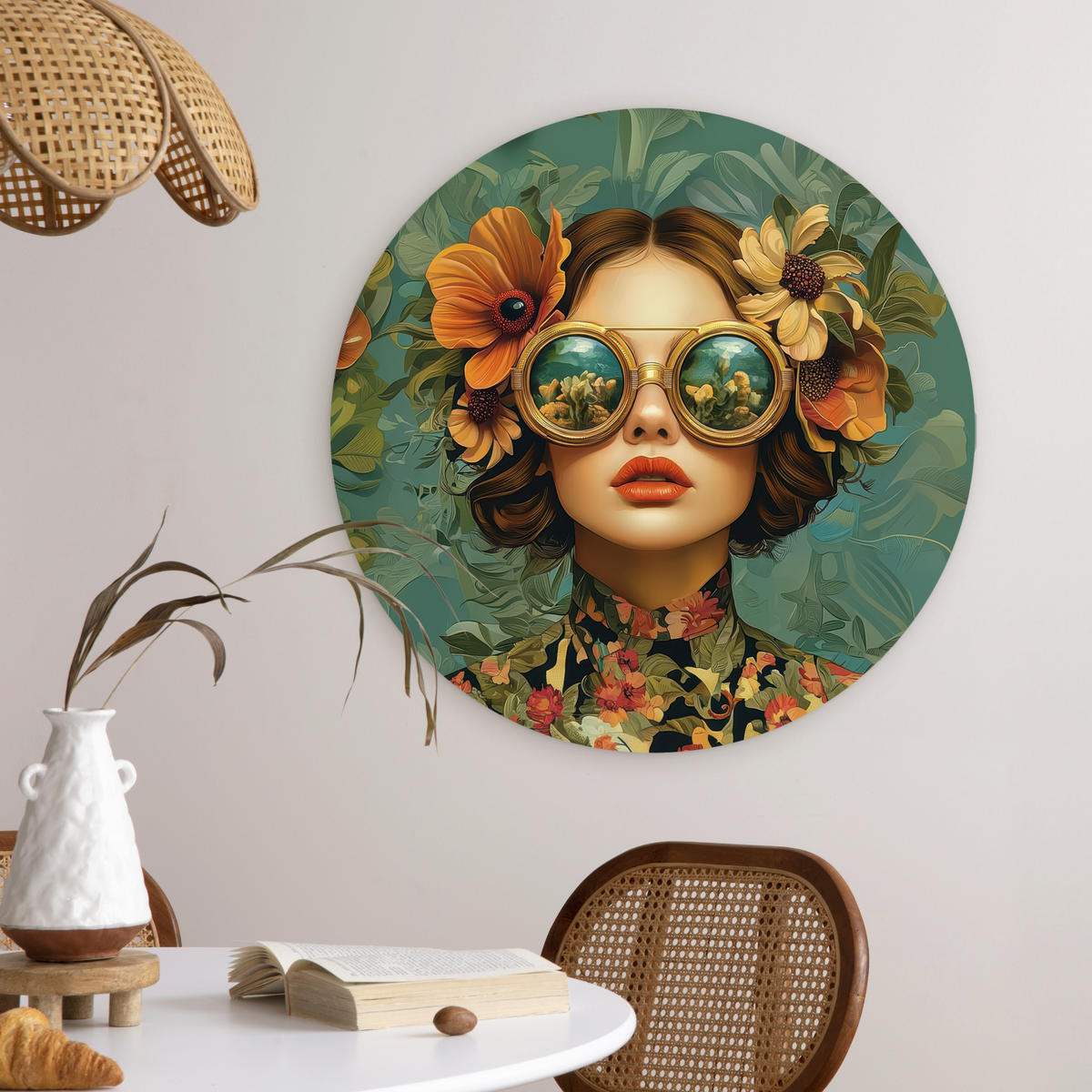 WANDBILD Frau - Blumen - Schmetterlinge - Natur - Vintage 60x60 cm - Petrol, Kunststoff (60/60cm) - MuchoWow