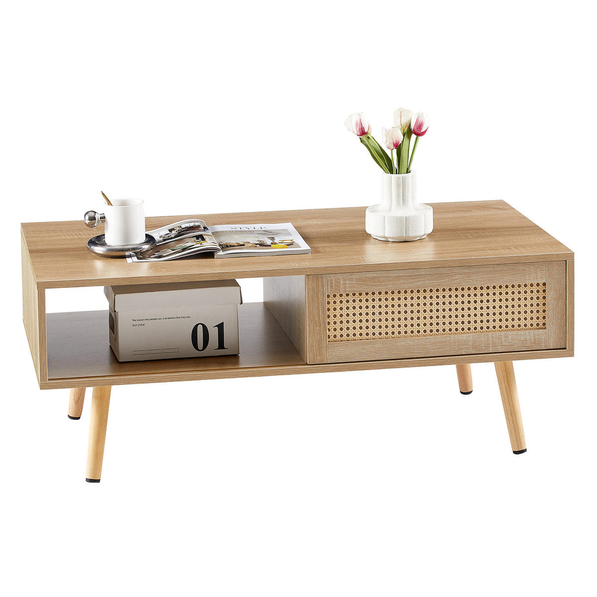 COUCHTISCH 105/55/40 cm natur aus MDF mit Rattan-Schiebetür - Braun, Holzwerkstoff (105/55/40cm) - OKWISH