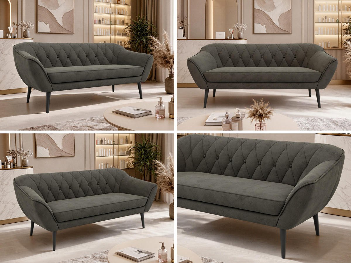 3-SITZER-SOFA PIRS - Dunkelgrau Velvet - Schwarze Beine - Dunkelgrau/Schwarz, Holzwerkstoff/Textil (180/75/74cm) - MKS