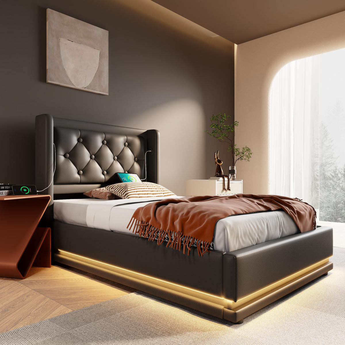 POLSTERBETT 90/200 cm Schwarz PU mit hydraulischem Stauraum und USB-Anschlüssen - Schwarz, Kunststoff (90/200cm) - OKWISH