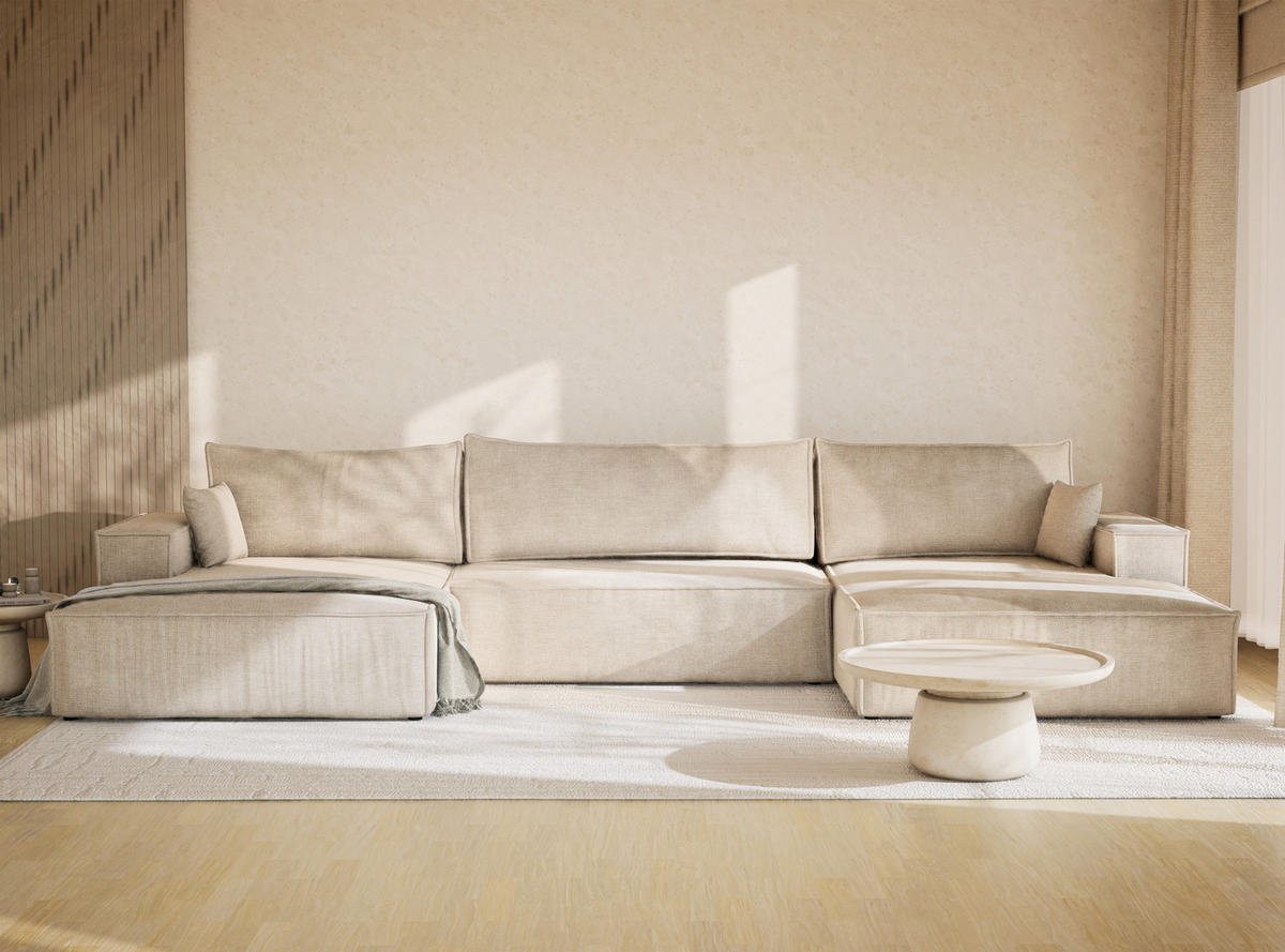 WOHNLANDSCHAFT Kyoto Beige Chenille-Stoff - Beige/Schwarz, Holz/Holzwerkstoff (398/70/148cm) - Maison de Reve