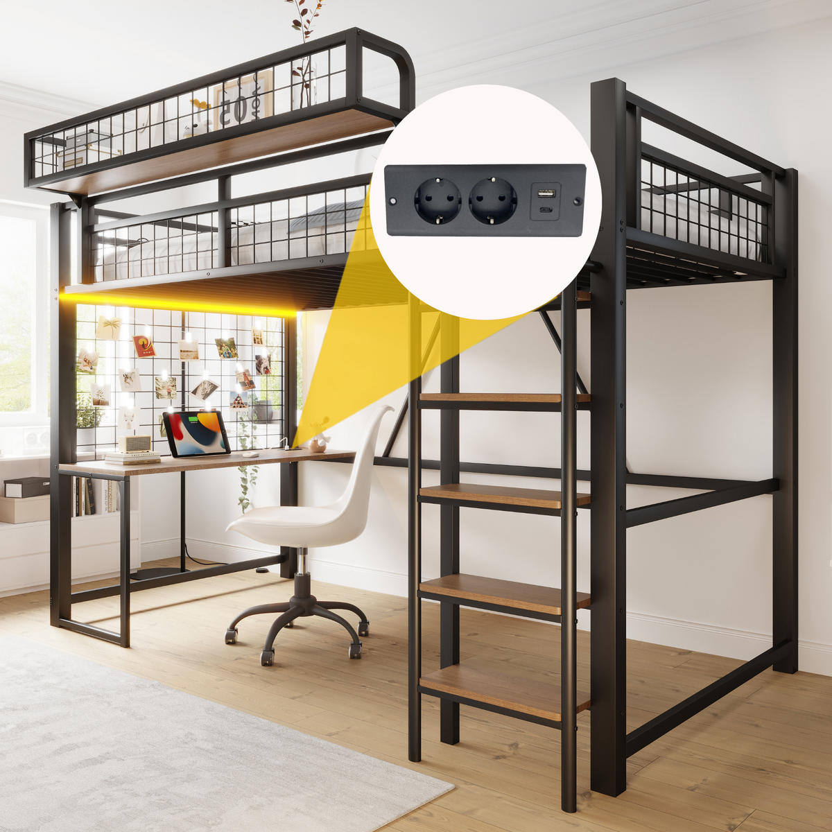 HOCHBETT 90/200 cm in Schwarz mit Schreibtisch, Ablagekorb, LED und Steckdose Metall-Design - Schwarz, Holzwerkstoff/Metall (90/200cm) - STILVORA