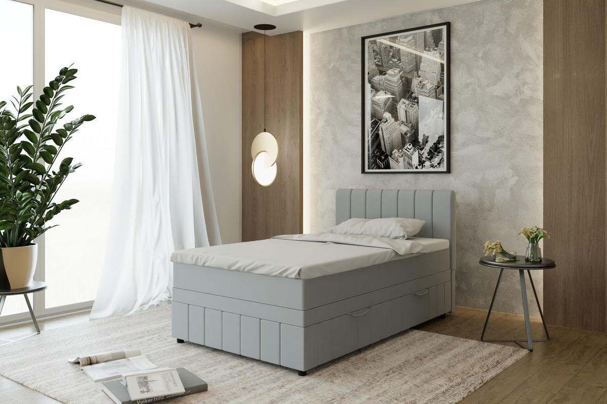 BOXBETT AVALON 120 x 200 cm mit Bettkasten und Topper - Hellgrau - Hellgrau, Holz - Panda Möbel