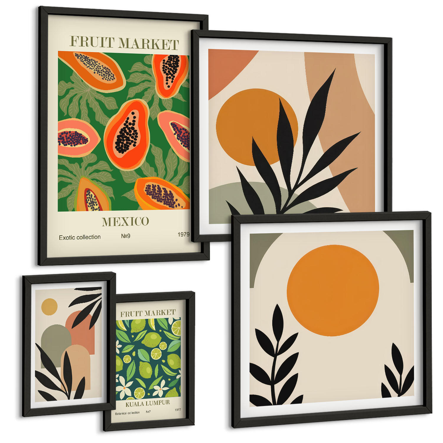 BILDER SET 5er Set - 50x50 cm & 20x30 cm & 40x60 cm Schwarzer Rahmen - Fruchtmuster der italienischen Kultur - Schwarz, Kunststoff (40/60cm) - TULUP