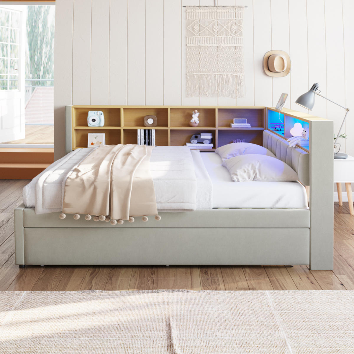 BETT Multifunktionales mit Ausziehbett 90/190 cm & LED-Beleuchtung Flanell Hellgrau 140/200 cm - Hellgrau, Textil (90/190cm) - OKWISH