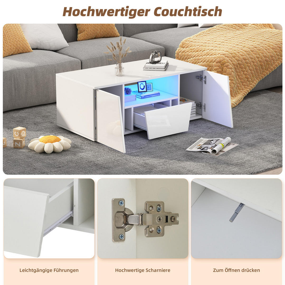 COUCHTISCH 100x50cm Weiß Hochglanz LED Unregelmäßig 2 Schränke Schublade - Weiß, Holz (109.22/59.51/12.98cm) - FLIEKS