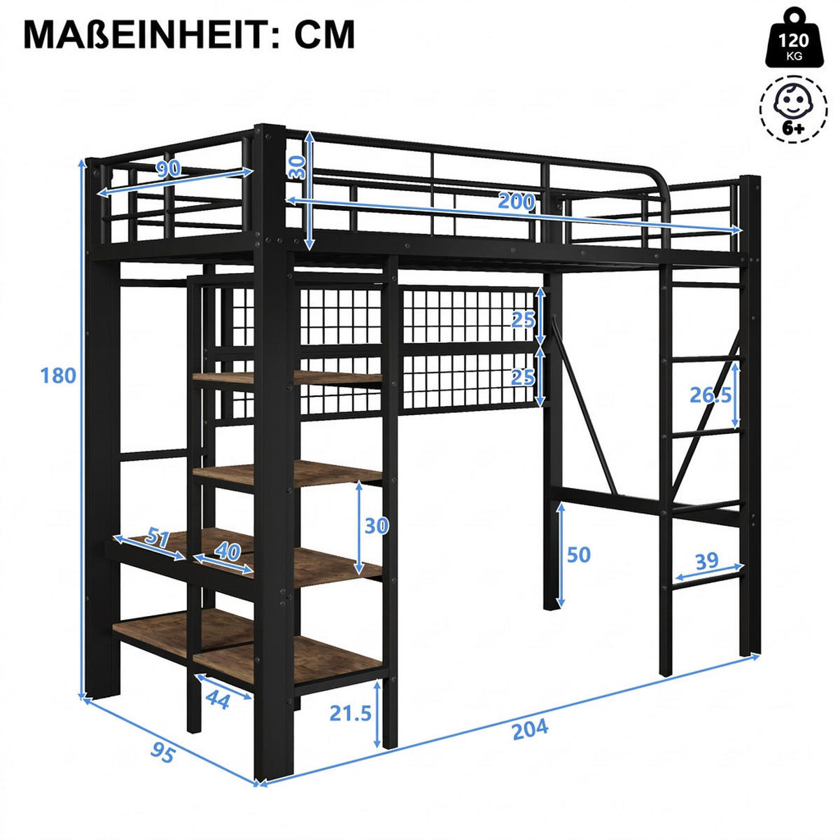 HOCHBETT 90/200 cm Schwarz mit Netz zum Aufhängen von Gegenständen, Kleiderstange und LED-Lichtleiste - Schwarz, Metall (90/200cm) - Oxeza