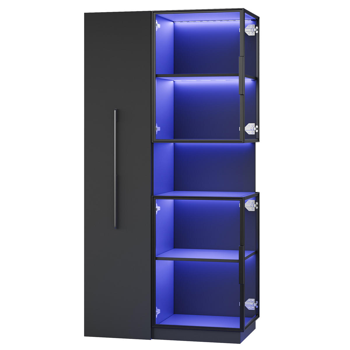 VITRINE LED Glasvitrine Ausziehregal Hochschrank 160cm Weiß - Schwarz, Glas (70/160/38cm) - FLIEKS