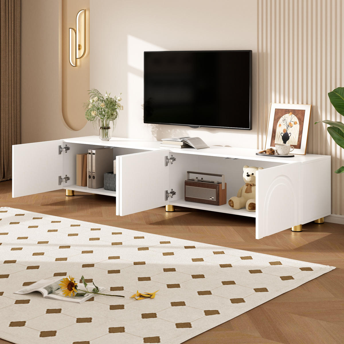 TV-SCHRANK Lowboard 4 Türen Bogenrelief Metallfüße - Weiß, Holzwerkstoff (35/40/180cm) - FLIEKS