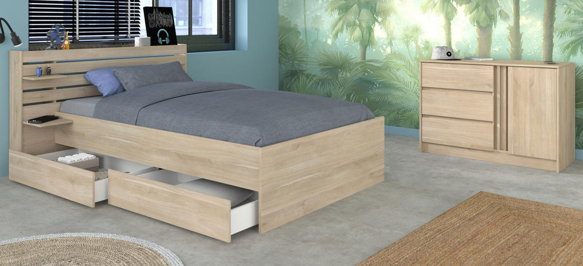 KINDERZIMMER Eiche japanisch, 2-teilig, Jugendzimmer-Set mit Bett 120 x 200 cm - Eichefarben, Holzwerkstoff/Metall (152/89/217cm) - Parisot Meuble