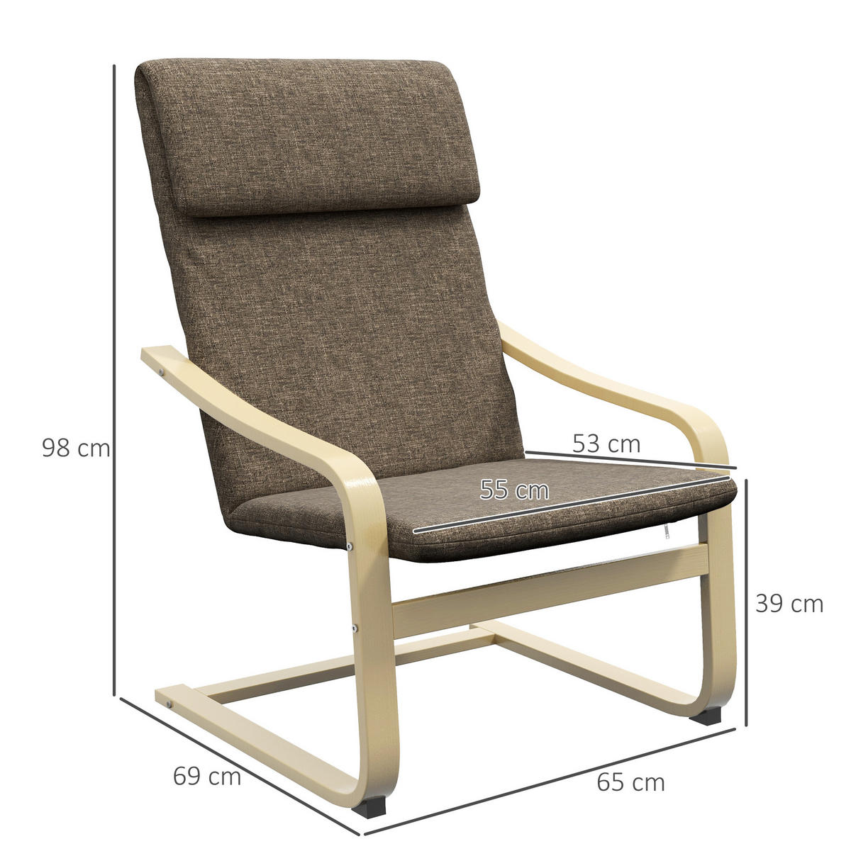 RELAXSESSEL Leinenoptik mit Kopfkissen, Holzgestell C-Form 65/69/98 cm Braun - Braun, Textil (65/98/69cm) - Redom
