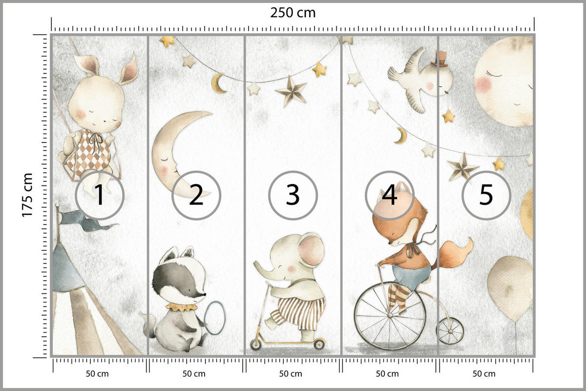 FOTOTAPETE für Kinderzimmer Zirkus Tiere Elefant Fuchs Monde Sterne 250x175 - Gelb/Beige, Papier (250/175cm) - Muralo