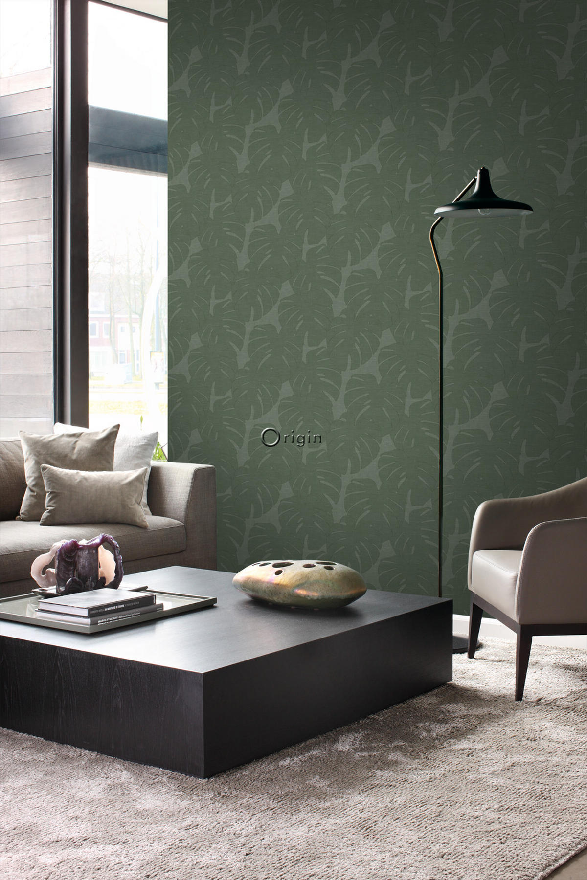 TAPETE Blätter in Leinen-Optik 53 cm x 10.05 m - Grün, Papier (53/1000cm) - Origin Wallcoverings
