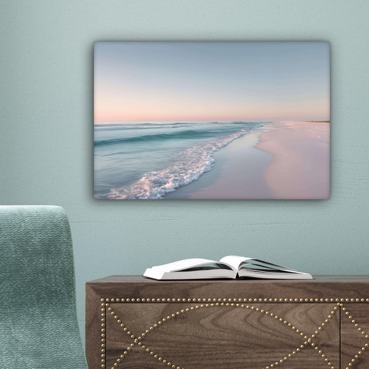 LEINWANDBILD Küstenlinie - Pastell - Wasser Deko Schlafzimmer 30x20 cm - Pastellblau, Textil (30/20cm) - MuchoWow