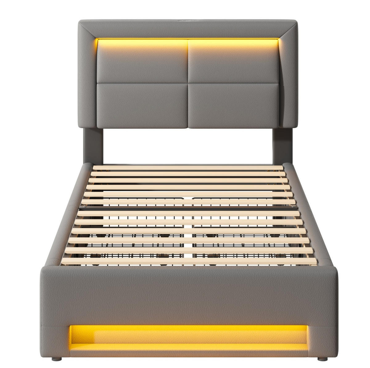 POLSTERBETT 90/200 cm mit USB-Ladefunktion, LED-Beleuchtung und 4 Schubladen, PU, Grau - Grau, Kunststoff (90/200cm) - Redom