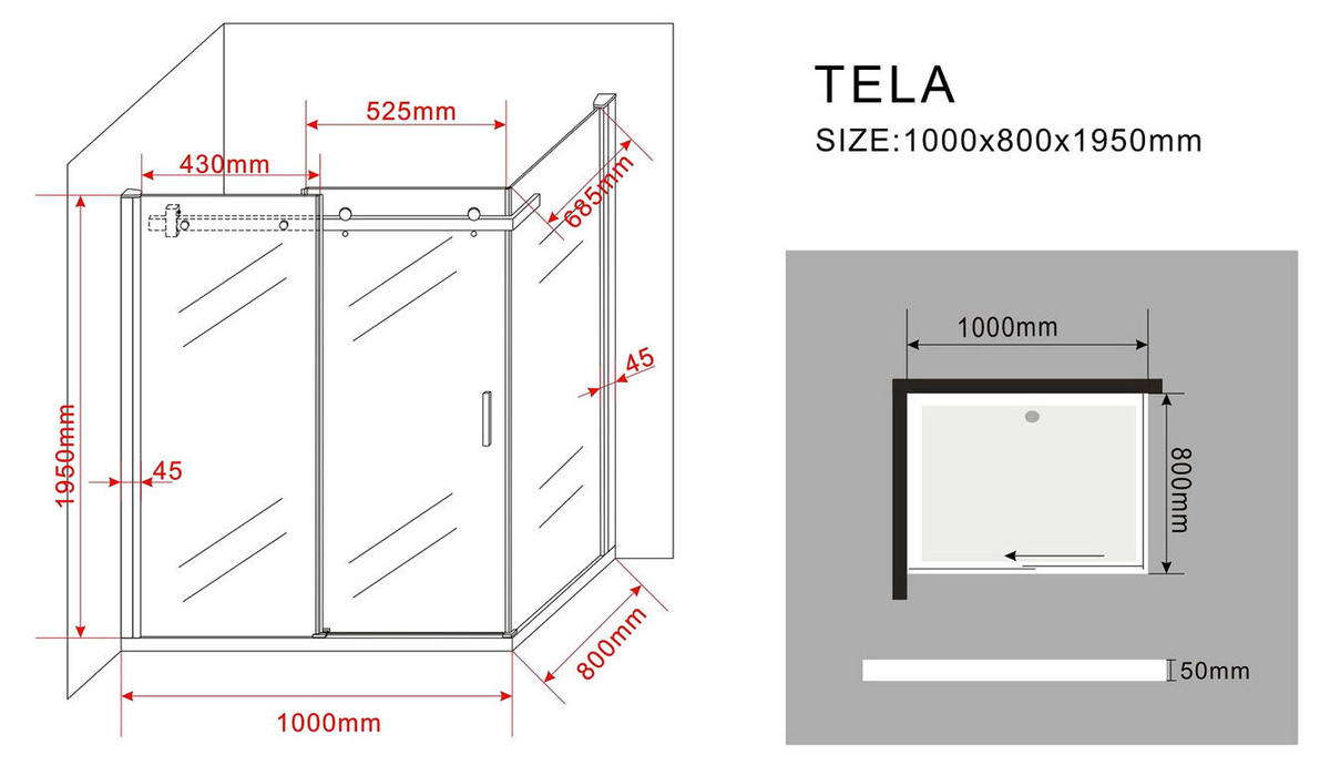 DUSCHKABINE TELA Klar 100 x 80 x 195 cm 8 mm ESG - Klar, Glas (80/100/195cm) - Glasdeals