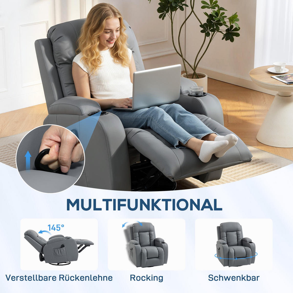 MASSAGESESSEL DE-06430 Wipp-, Liege- & Wärmefunktion, 145° neigbar, drehbar Hellgrau - Hellgrau, Metall (82/103/99cm) - ComfortXL