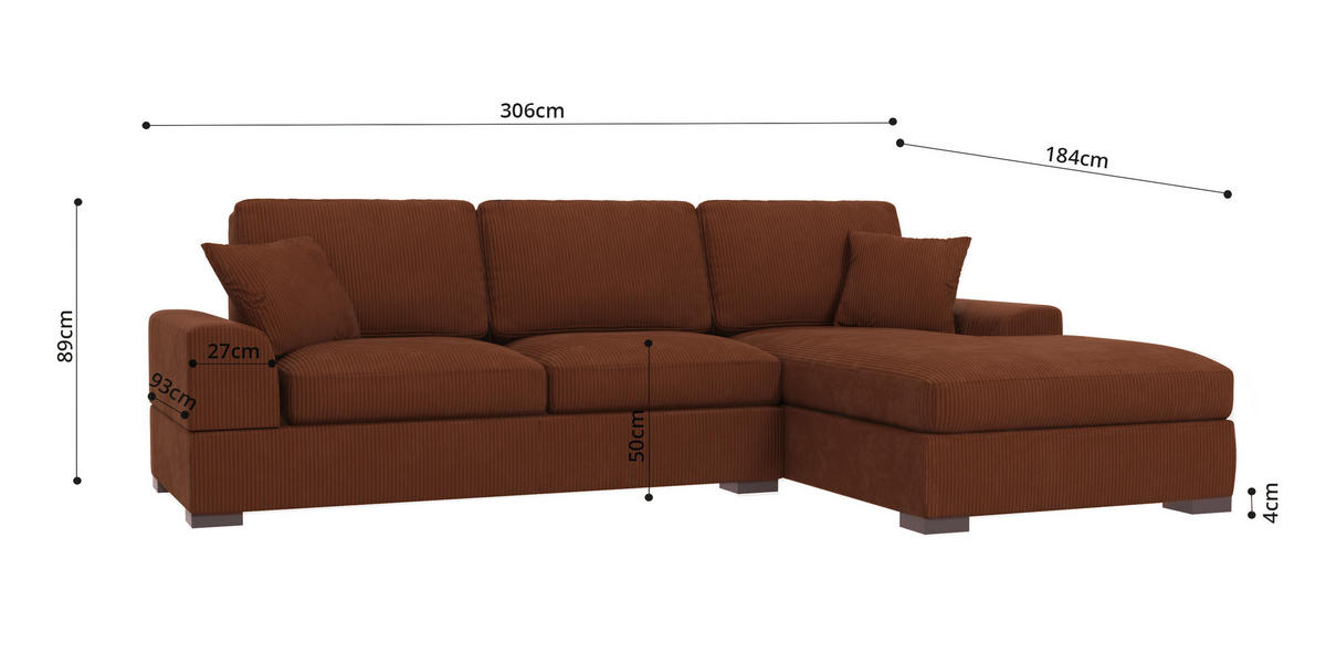ECKSOFA Saga Terrakotta Cord - Terracotta/Schwarz, Holz/Buchenholz (306/184cm) - S-Style Möbel