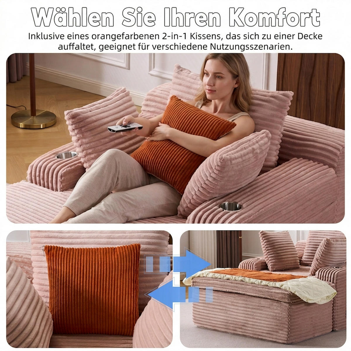 SCHLAFSOFA 165/112/63 cm Rosa mit Chaiselongue, 3 Kissen und 1 Decke - Rosa, Textil (112/63/165cm) - Oxeza